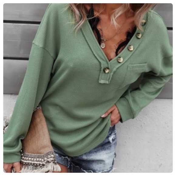 Boutique Tops - Woman’s V-Neck Green Button-Down Top